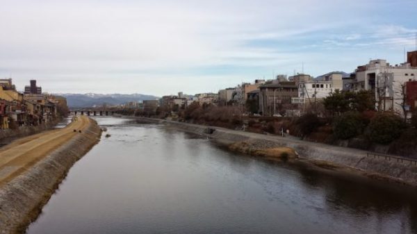 The Kamogawa river and the mountains from Kyoto centre